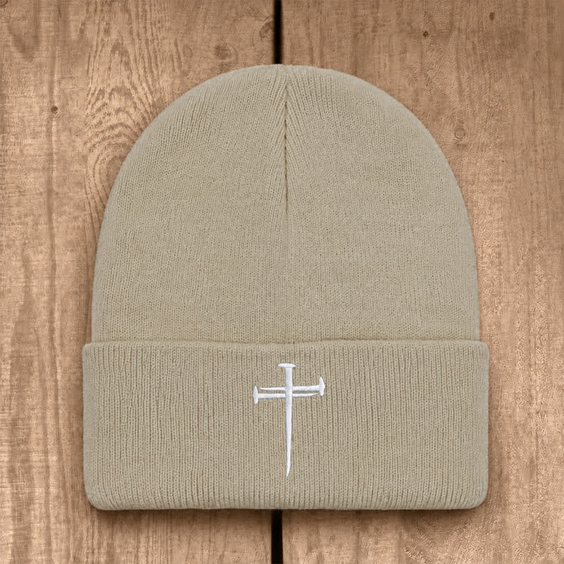 Christianartworkshop Nail Cross Print Unisex Cotton Knit Beanie - Beige - image 6