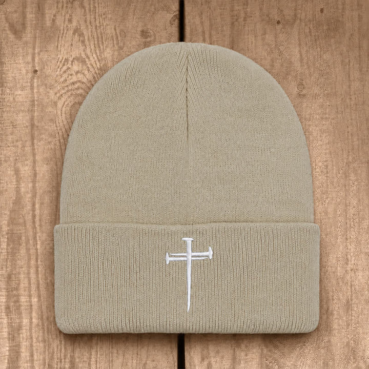 Christianartworkshop Nail Cross Print Unisex Cotton Knit Beanie - Beige - image 6