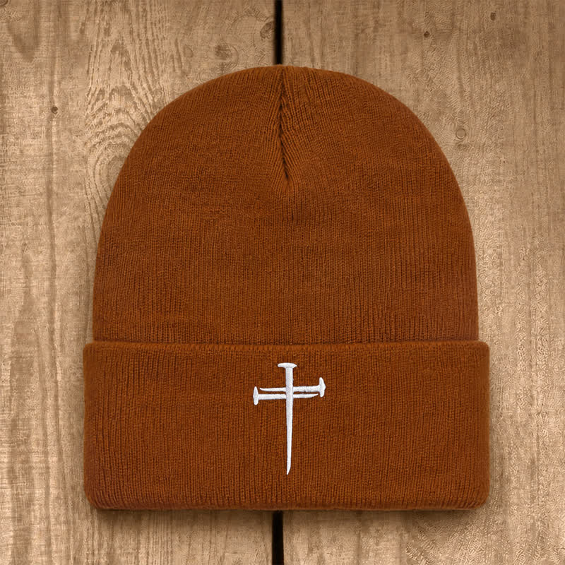 Christianartworkshop Nail Cross Print Unisex Cotton Knit Beanie - Khaki - image 7