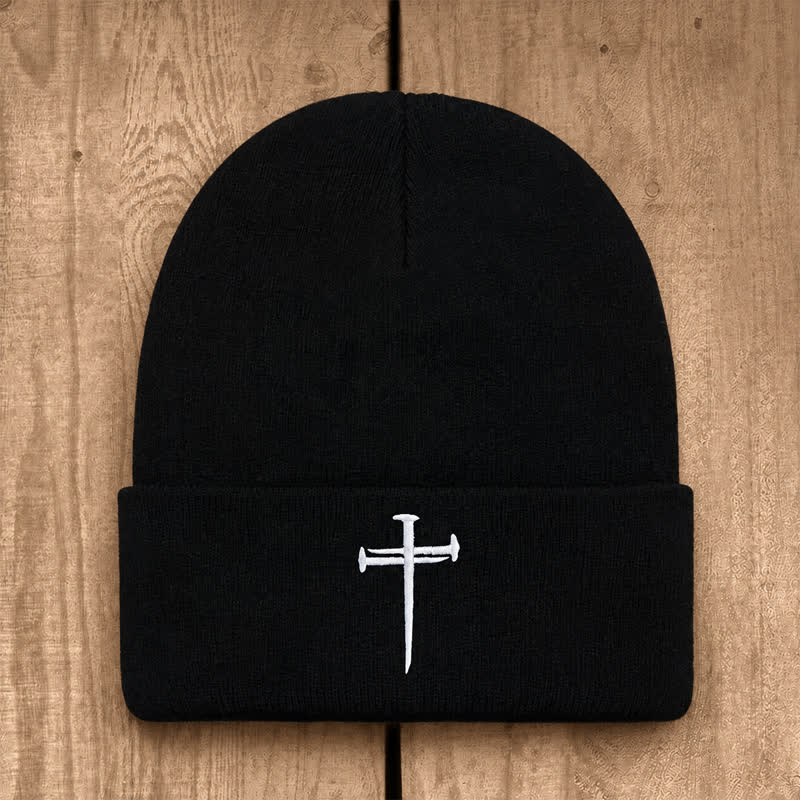 Christianartworkshop Nail Cross Print Unisex Cotton Knit Beanie - Black - image 0