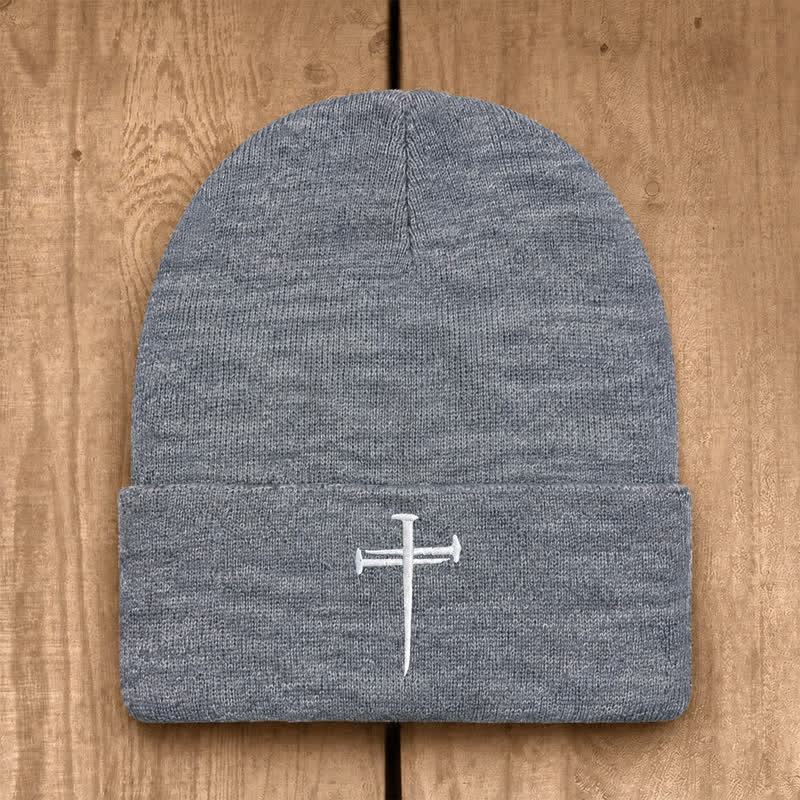 Christianartworkshop Nail Cross Print Unisex Cotton Knit Beanie - Light Gray - image 3