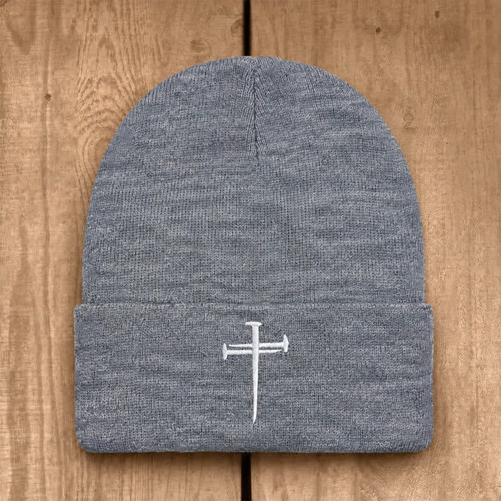 Christianartworkshop Nail Cross Print Unisex Cotton Knit Beanie - Light Gray - image 3