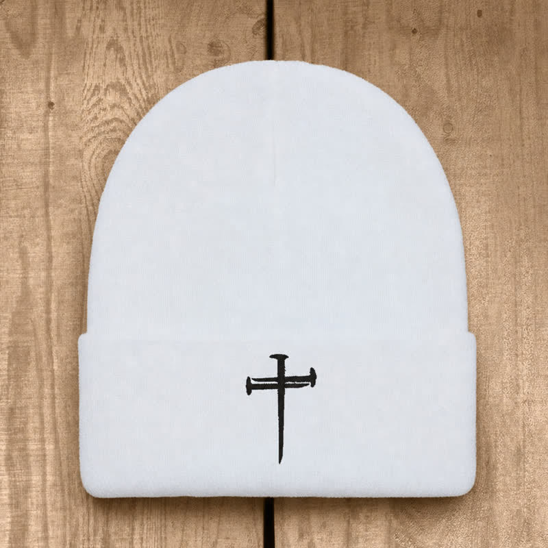 Christianartworkshop Nail Cross Print Unisex Cotton Knit Beanie - White - image 2