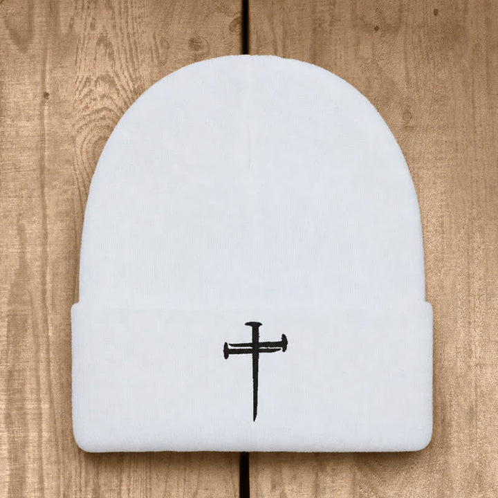 Christianartworkshop Nail Cross Print Unisex Cotton Knit Beanie - White - image 2