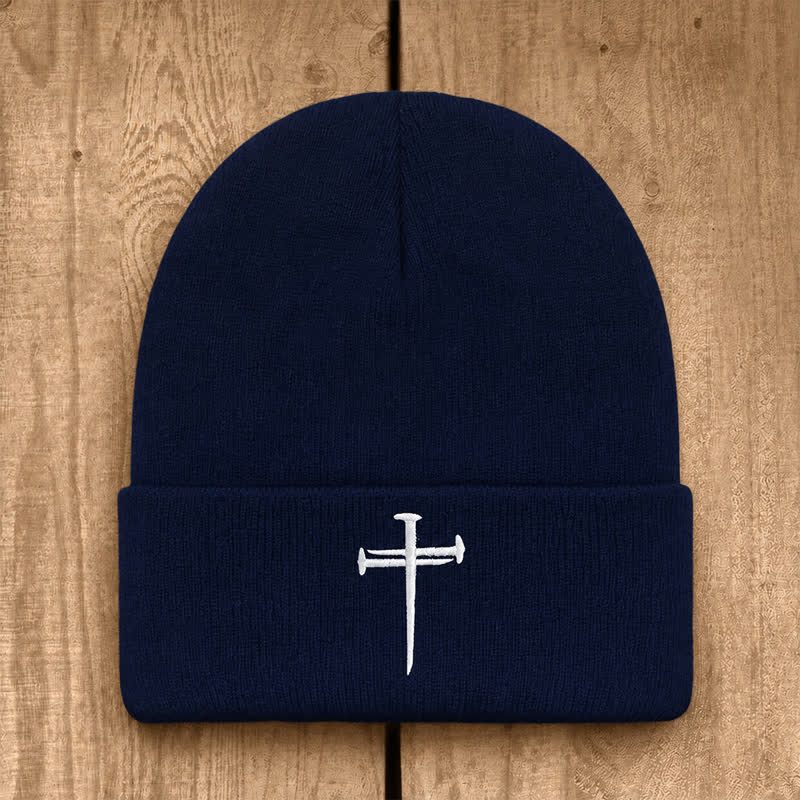 Christianartworkshop Nail Cross Print Unisex Cotton Knit Beanie - Navy Blue - image 19