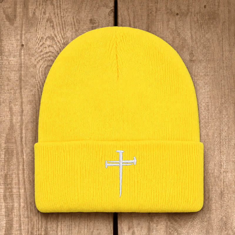 Christianartworkshop Nail Cross Print Unisex Cotton Knit Beanie - Yellow - image 15