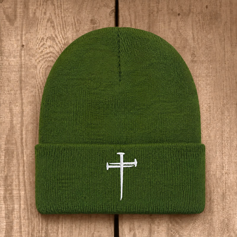 Christianartworkshop Nail Cross Print Unisex Cotton Knit Beanie - Army Green - image 23