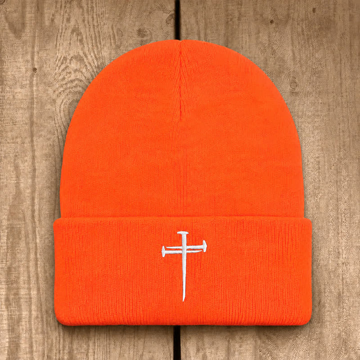 Christianartworkshop Nail Cross Print Unisex Cotton Knit Beanie - Orange - image 14