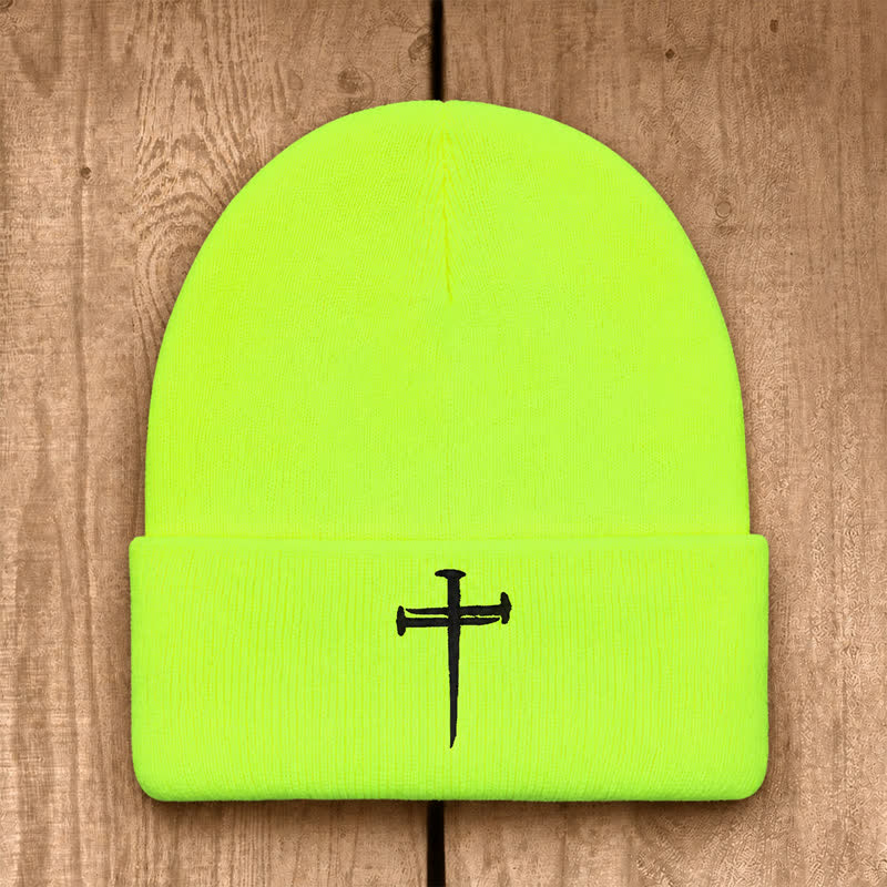 Christianartworkshop Nail Cross Print Unisex Cotton Knit Beanie - Neon Yellow - image 28