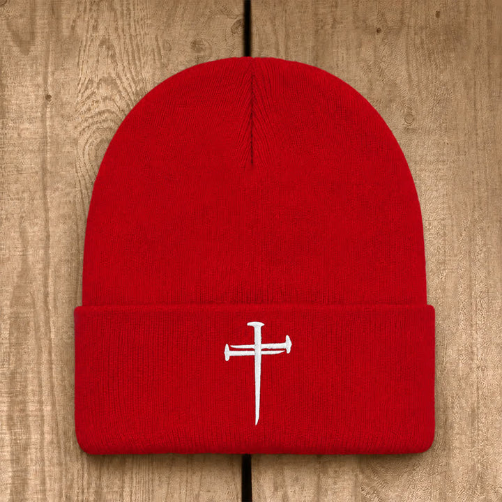 Christianartworkshop Nail Cross Print Unisex Cotton Knit Beanie - Red - image 13