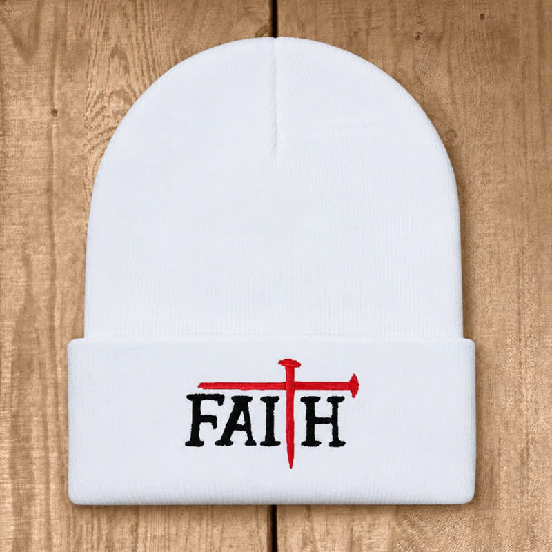 Christianartworkshop Faith Nail Cross Embroidery Unisex Cotton Knit Beanie - White - image 2