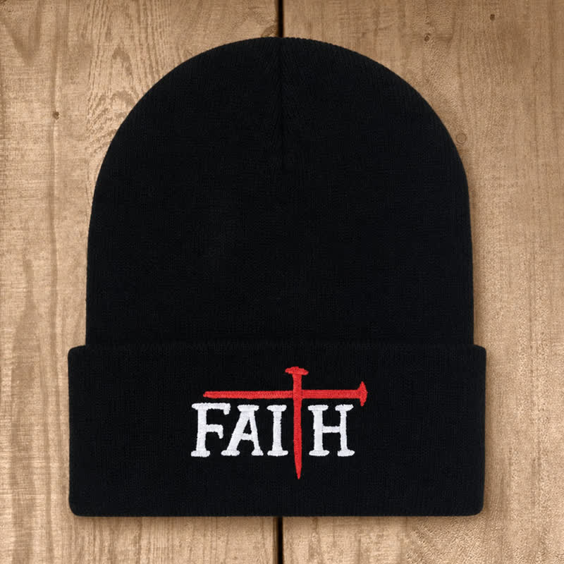 Christianartworkshop Faith Nail Cross Embroidery Unisex Cotton Knit Beanie - Black - image 0