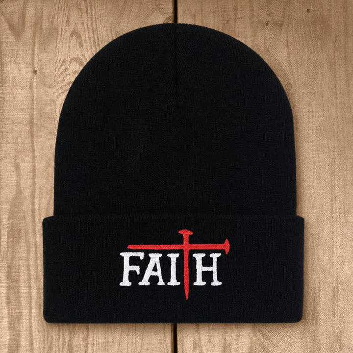 Christianartworkshop Faith Nail Cross Embroidery Unisex Cotton Knit Beanie - Black - image 0