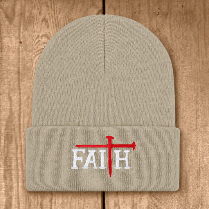 Christianartworkshop Faith Nail Cross Embroidery Unisex Cotton Knit Beanie - Beige - image 3