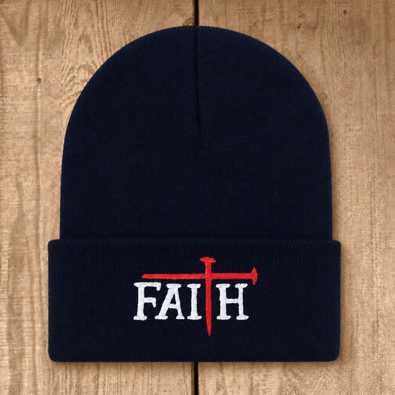 Christianartworkshop Faith Nail Cross Embroidery Unisex Cotton Knit Beanie - Navy Blue - image 18