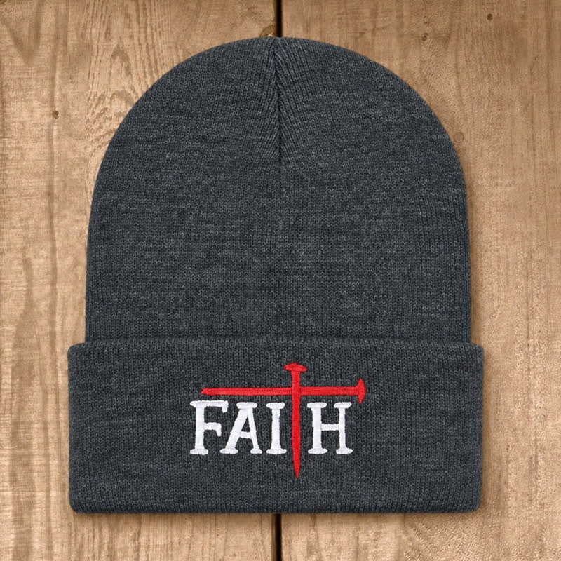 Christianartworkshop Faith Nail Cross Embroidery Unisex Cotton Knit Beanie - Dark Heather Gray - image 5