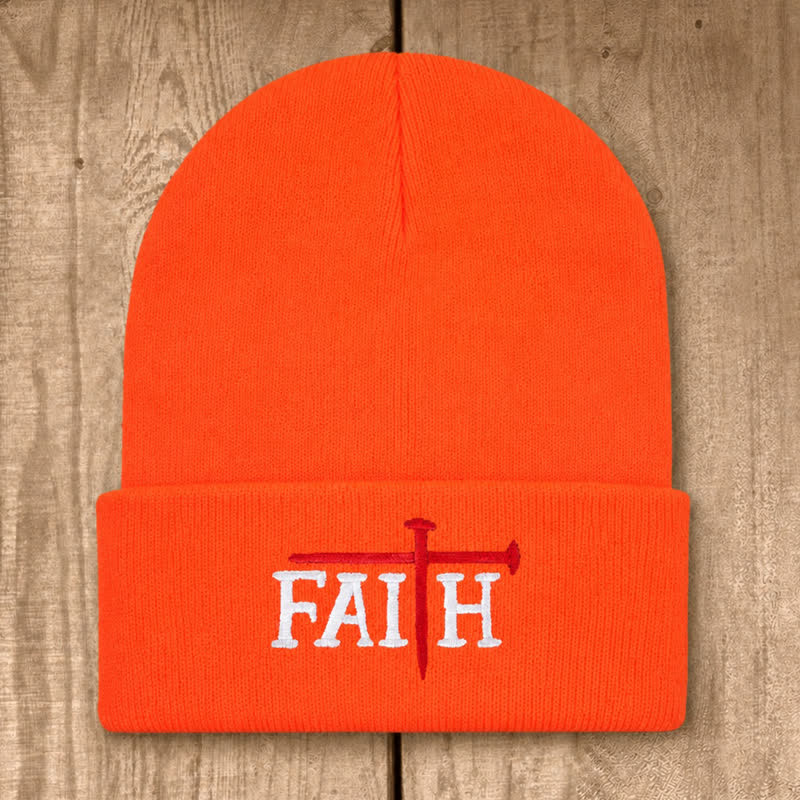 Christianartworkshop Faith Nail Cross Embroidery Unisex Cotton Knit Beanie - Orange - image 9