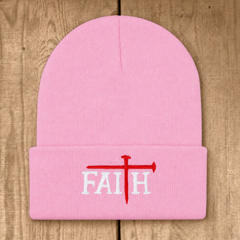 Christianartworkshop Faith Nail Cross Embroidery Unisex Cotton Knit Beanie - Pink - image 7