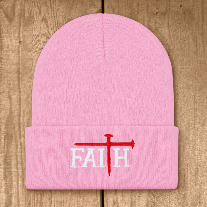 Christianartworkshop Faith Nail Cross Embroidery Unisex Cotton Knit Beanie - Pink - image 7