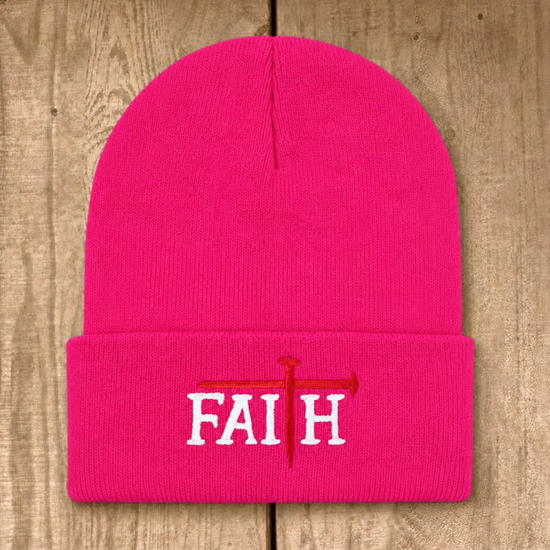 Christianartworkshop Faith Nail Cross Embroidery Unisex Cotton Knit Beanie - Rose - image 8