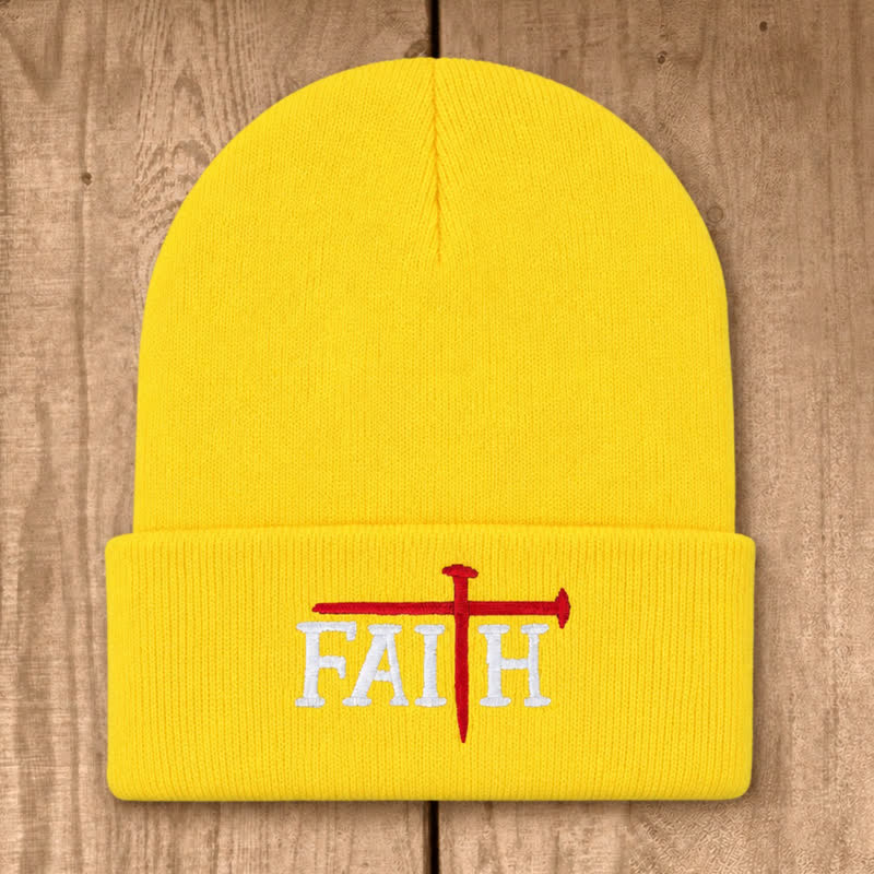 Christianartworkshop Faith Nail Cross Embroidery Unisex Cotton Knit Beanie - Yellow - image 12