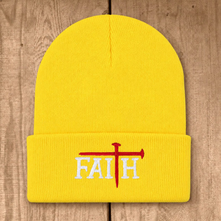 Christianartworkshop Faith Nail Cross Embroidery Unisex Cotton Knit Beanie - Yellow - image 12