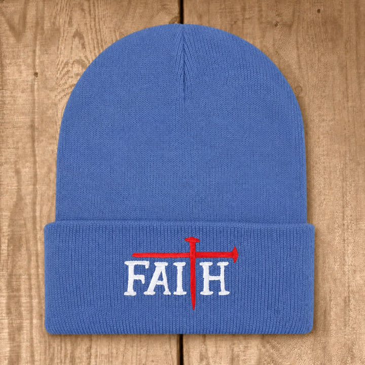 Christianartworkshop Faith Nail Cross Embroidery Unisex Cotton Knit Beanie - Cyan - image 25