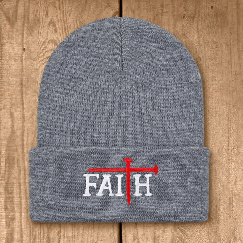 Christianartworkshop Faith Nail Cross Embroidery Unisex Cotton Knit Beanie - Light Heather Gray - image 4