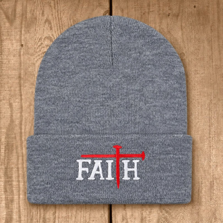 Christianartworkshop Faith Nail Cross Embroidery Unisex Cotton Knit Beanie - Light Heather Gray - image 4