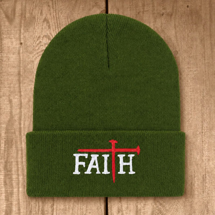 Christianartworkshop Faith Nail Cross Embroidery Unisex Cotton Knit Beanie - Army Green - image 15