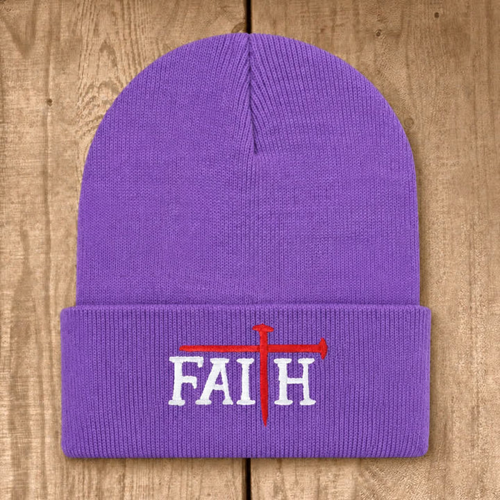 Christianartworkshop Faith Nail Cross Embroidery Unisex Cotton Knit Beanie - Purple - image 20