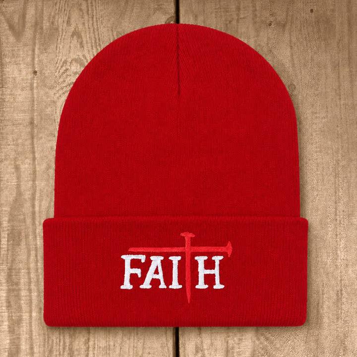 Christianartworkshop Faith Nail Cross Embroidery Unisex Cotton Knit Beanie - Red - image 6
