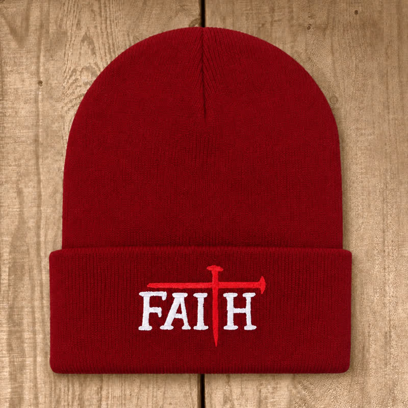 Christianartworkshop Faith Nail Cross Embroidery Unisex Cotton Knit Beanie - Wine - image 11