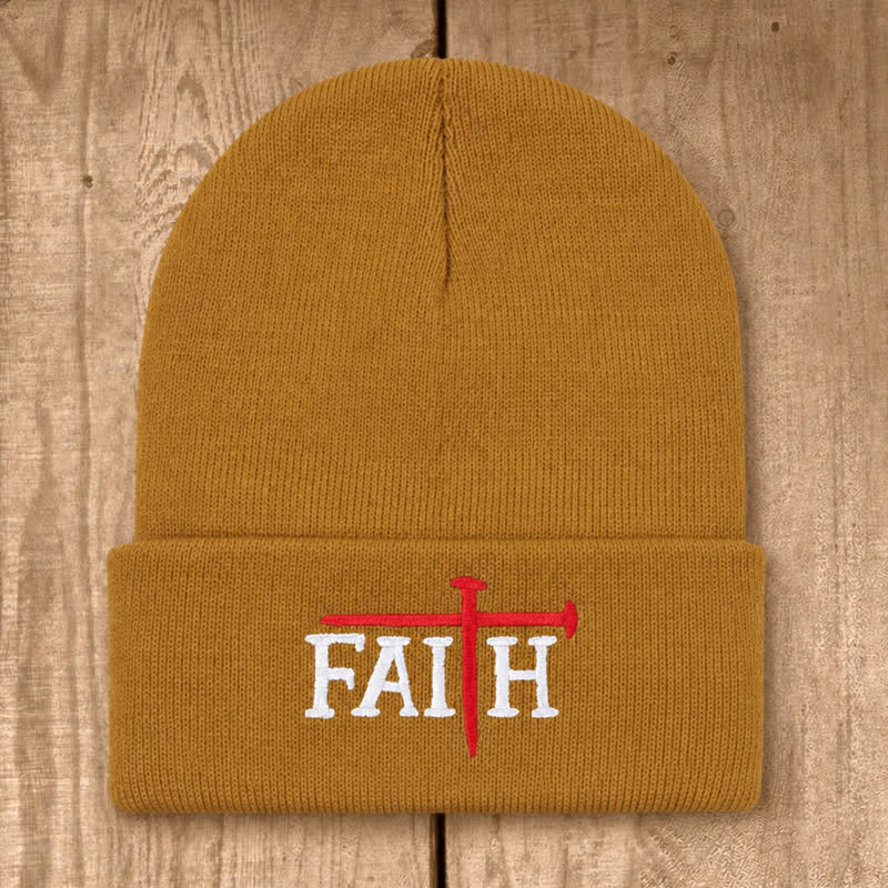Christianartworkshop Faith Nail Cross Embroidery Unisex Cotton Knit Beanie - Khaki - image 13