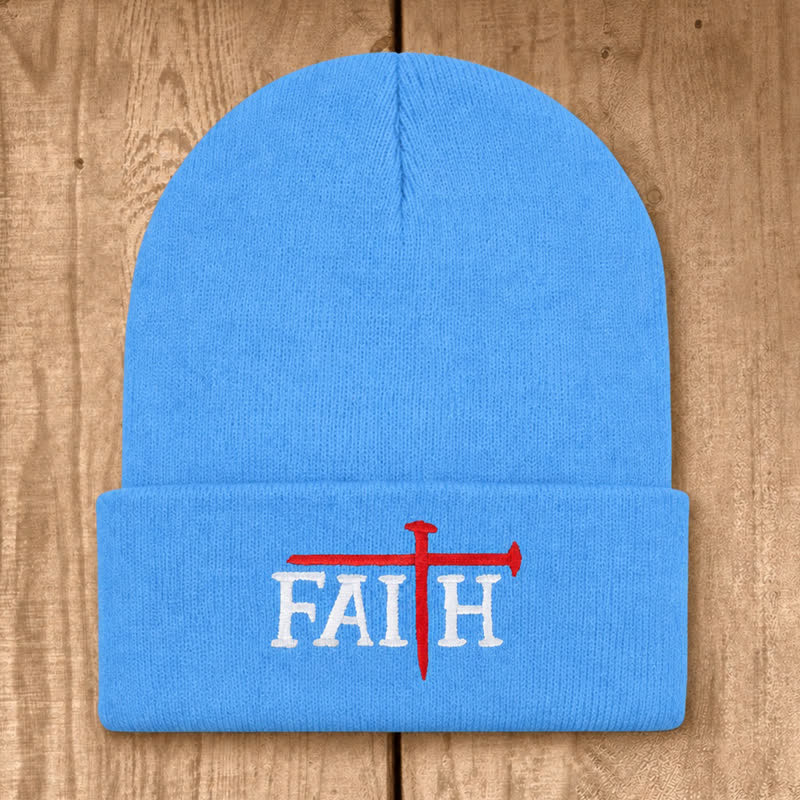 Christianartworkshop Faith Nail Cross Embroidery Unisex Cotton Knit Beanie - Sky Blue - image 16