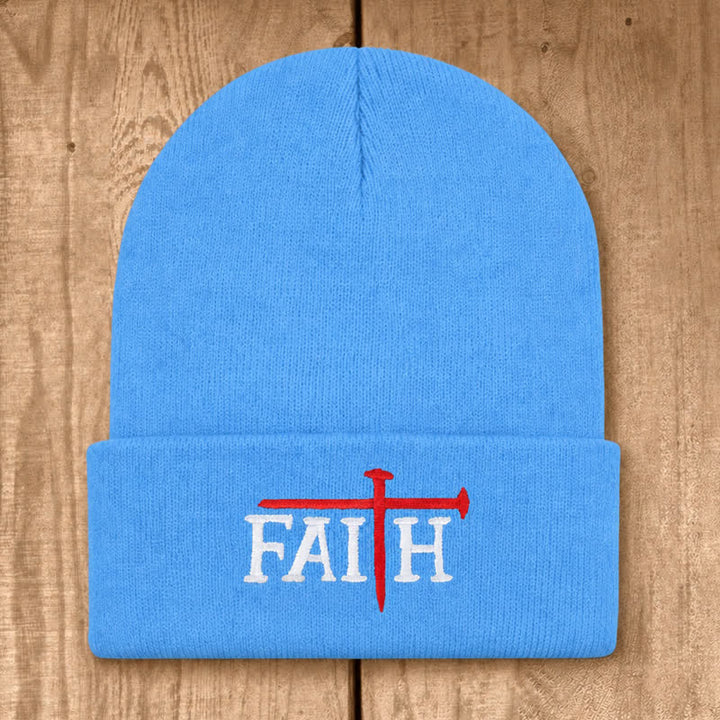 Christianartworkshop Faith Nail Cross Embroidery Unisex Cotton Knit Beanie - Sky Blue - image 16
