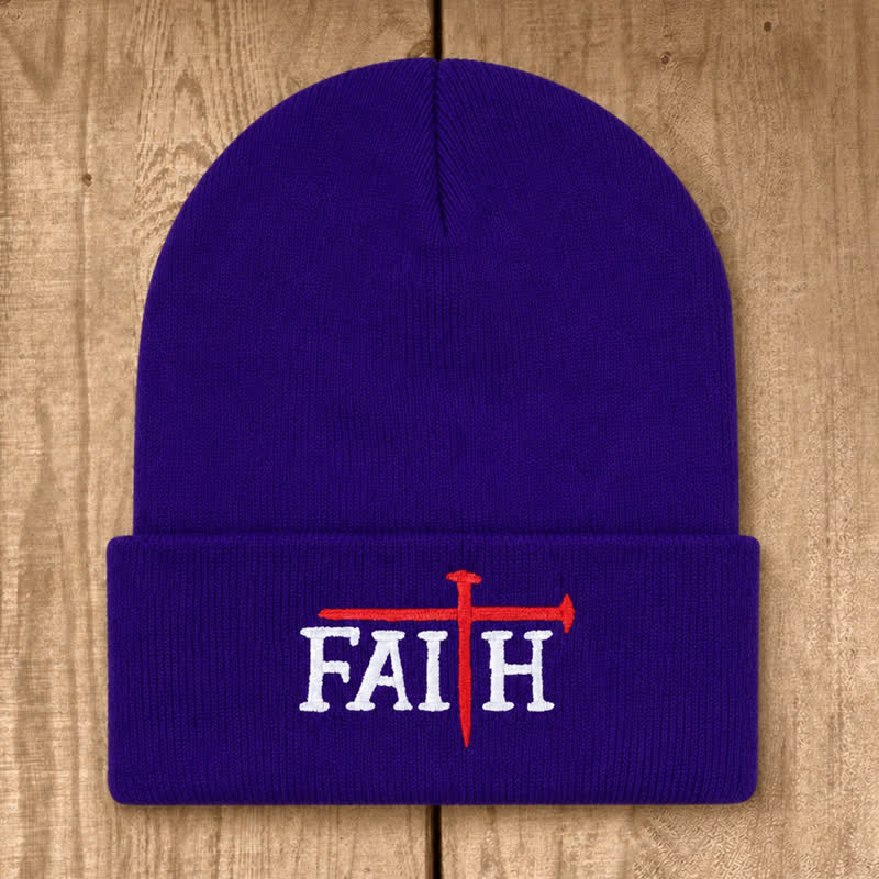 Christianartworkshop Faith Nail Cross Embroidery Unisex Cotton Knit Beanie - Dark Purple - image 21