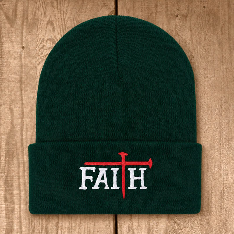 Christianartworkshop Faith Nail Cross Embroidery Unisex Cotton Knit Beanie - Dark Green - image 14