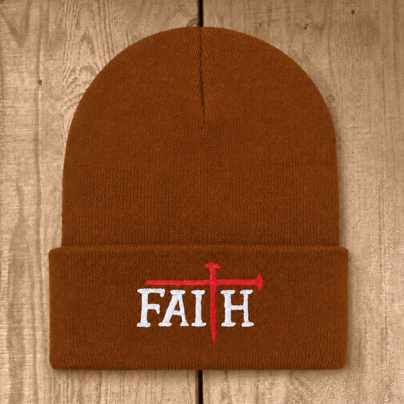 Christianartworkshop Faith Nail Cross Embroidery Unisex Cotton Knit Beanie - Caramel - image 23
