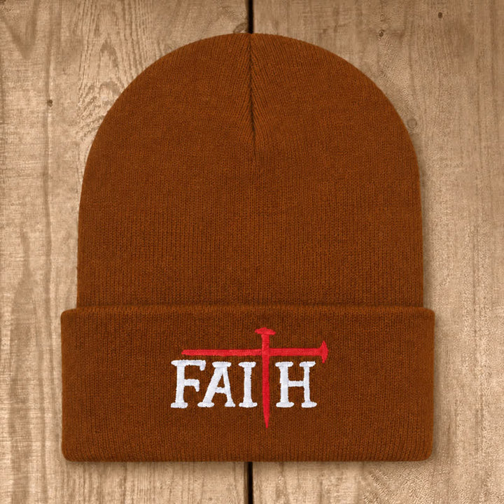 Christianartworkshop Faith Nail Cross Embroidery Unisex Cotton Knit Beanie - Caramel - image 23