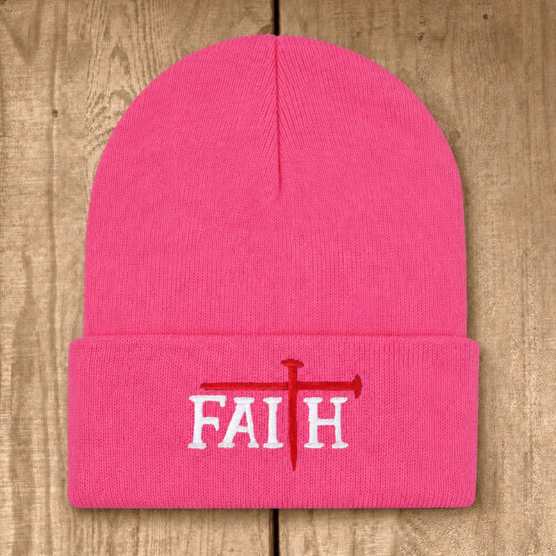 Christianartworkshop Faith Nail Cross Embroidery Unisex Cotton Knit Beanie - Watermelon Red - image 10