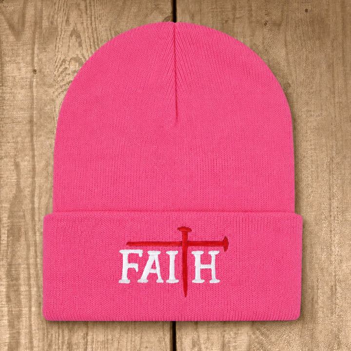 Christianartworkshop Faith Nail Cross Embroidery Unisex Cotton Knit Beanie - Watermelon Red - image 10