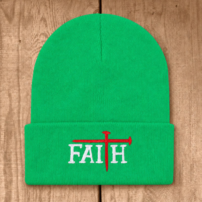 Christianartworkshop Faith Nail Cross Embroidery Unisex Cotton Knit Beanie - Neon Green - image 24