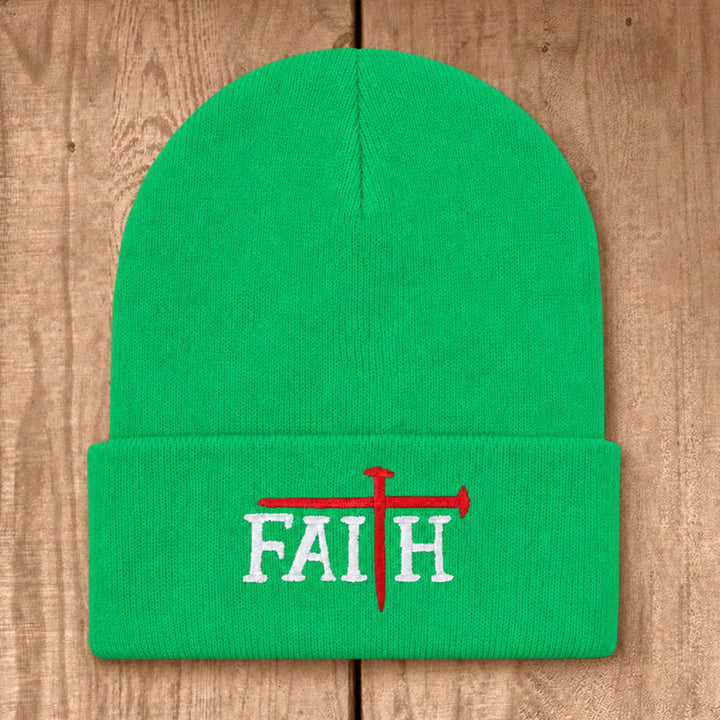 Christianartworkshop Faith Nail Cross Embroidery Unisex Cotton Knit Beanie - Neon Green - image 24