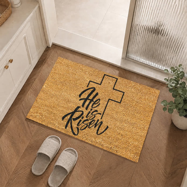 Christianartworkshop Minimal Outline Cross '' He Is Risen'' Doormat - image 0