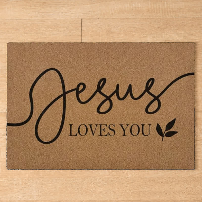 Christianartworkshop Cursive Jesus Loves You Leaf Accent Coir Doormat - image 3