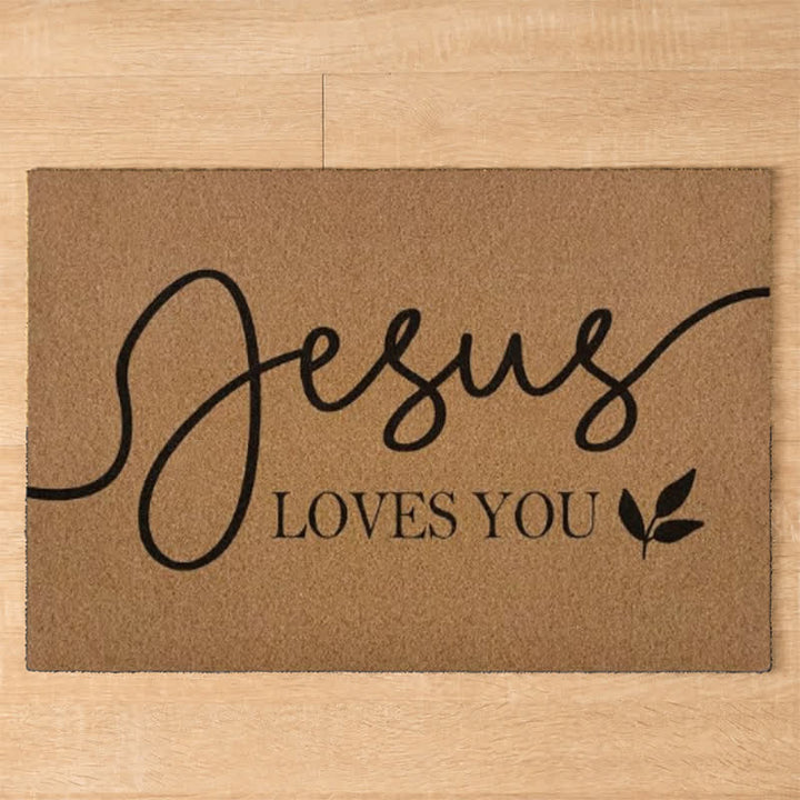 Christianartworkshop Cursive Jesus Loves You Leaf Accent Coir Doormat - image 3