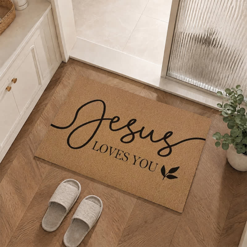 Christianartworkshop Cursive Jesus Loves You Leaf Accent Coir Doormat - image 0