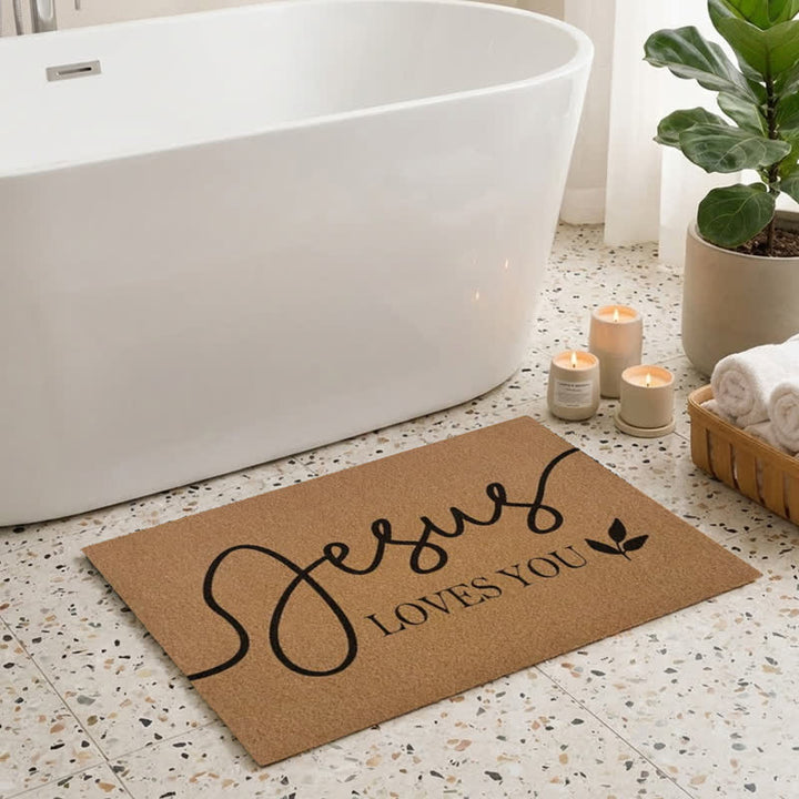 Christianartworkshop Cursive Jesus Loves You Leaf Accent Coir Doormat - image 2