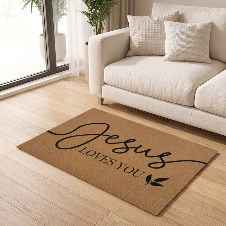 Christianartworkshop Cursive Jesus Loves You Leaf Accent Coir Doormat - image 1